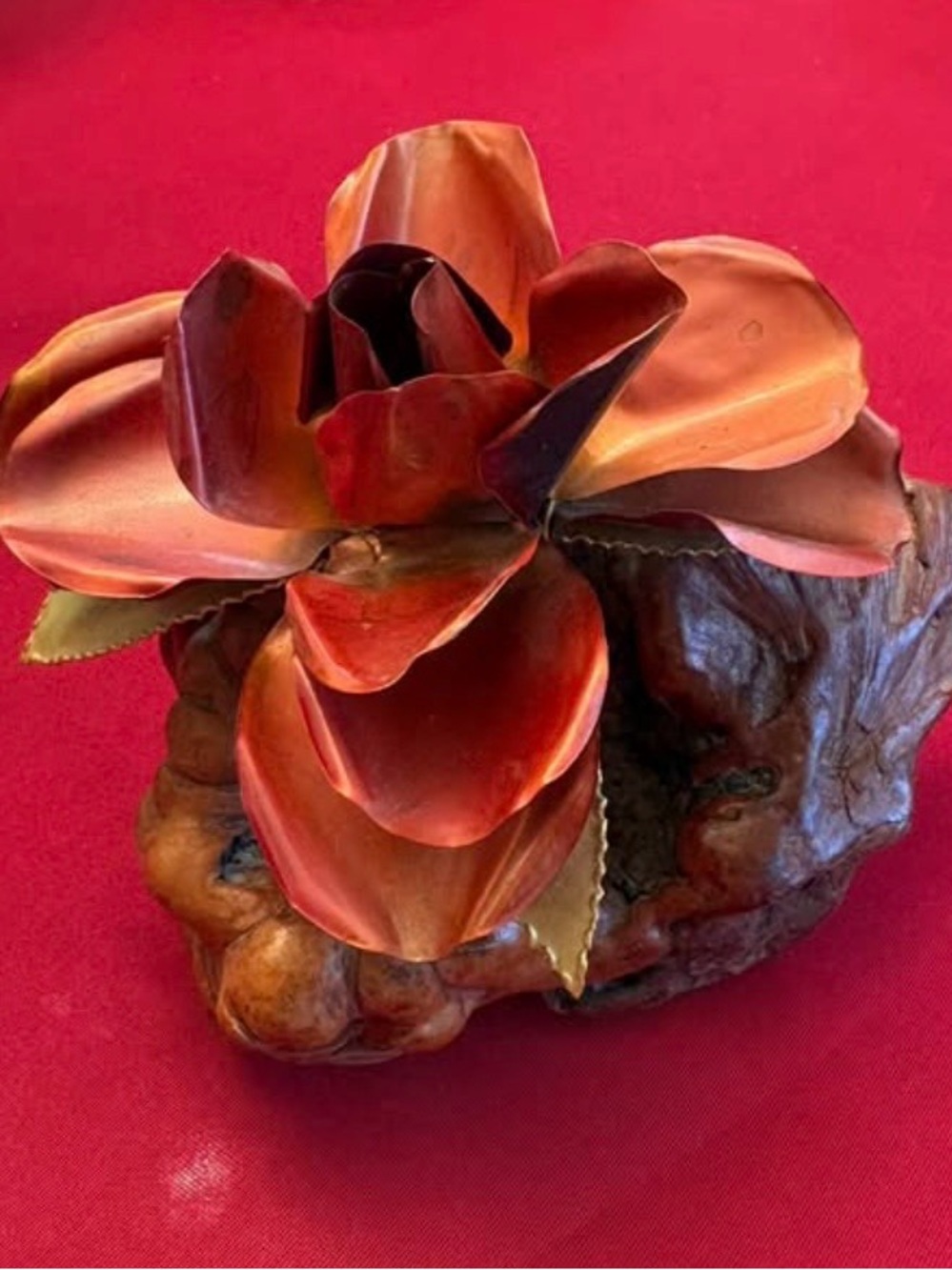 🌺 Vintage Burlwood with copper flower Art